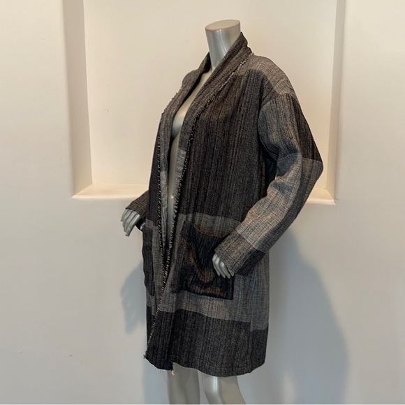 Eileen Fisher Black Organic Cotton Hazy Blocks Shawl Cardigan Jacket Size L/XL - Picture 6 of 15